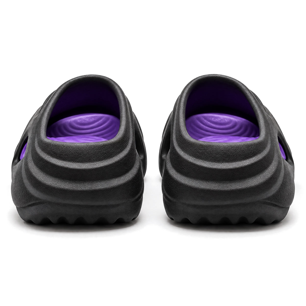 Vantley Cloud Slides in Black Purple — heel view with the purple footbed