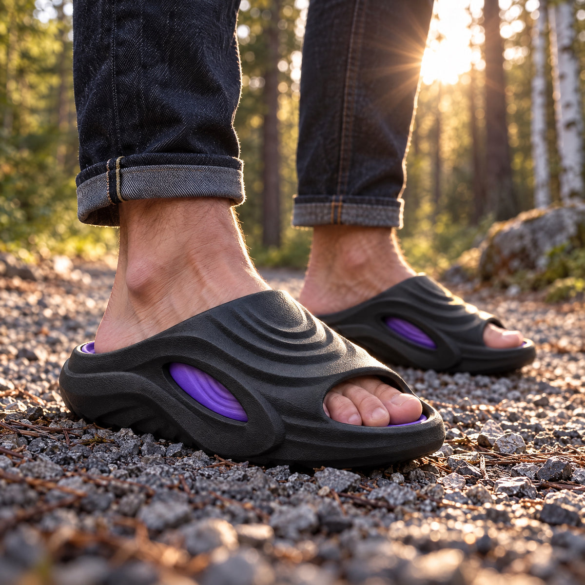 Vantley Cloud Slides in Black Purple worn on a forest trail