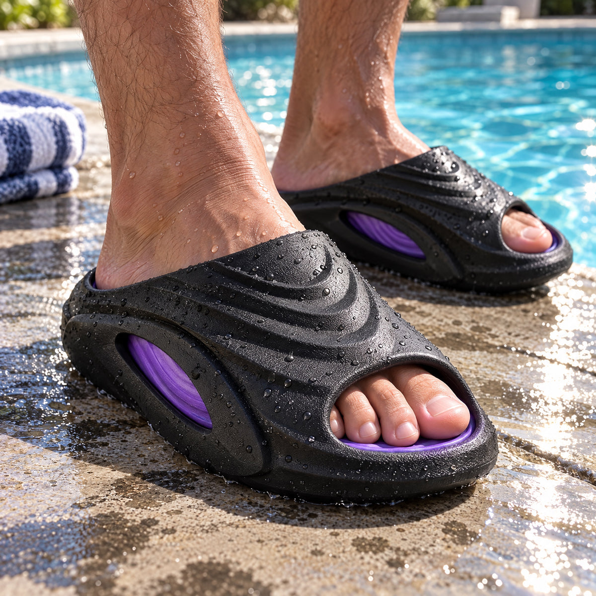 Vantley Cloud Slides in Black Purple worn at the edge of a swimming pool